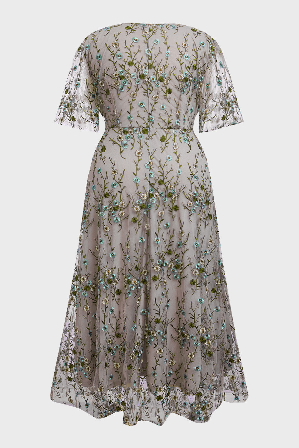 Curveins Plus Size V-Neck Ruffle Sleeve Embroidered Maxi Dress