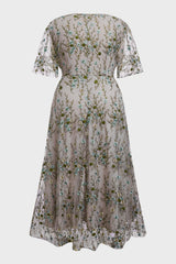 Curveins Plus Size V-Neck Ruffle Sleeve Embroidered Maxi Dress
