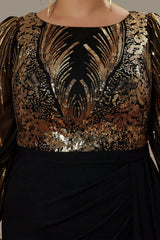 Curveins Plus Size Sequin-Panel Long Sleeve Waist-Defined Maxi Dress