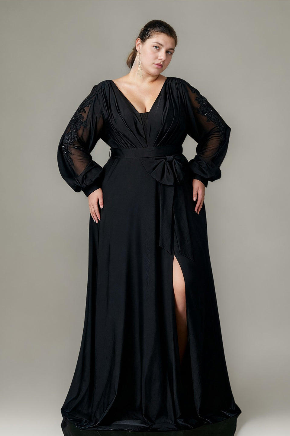 Curveins Plus Size V-Neck Lantern Embroidered Sleeve Split Waist Sequin Maxi Dress