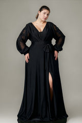 Curveins Plus Size V-Neck Lantern Embroidered Sleeve Split Waist Sequin Maxi Dress