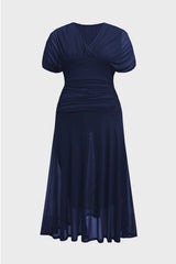 Curveins Plus Size V Neck Batwing Sleeve Cinched Waist Maxi Dress