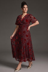 Curveins Plus Size Velvet Surplice Vintage Plain Maxi Dress