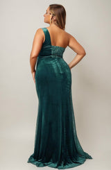 Curveins Plus Size One Shoulder Sequin Velvet Patchwork High Slit Maxi Dress