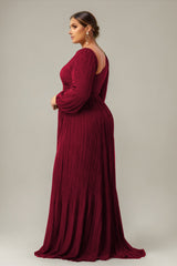 Curveins Plus Size Cross Neck Lantern Sleeve Waist Slim Maxi Dress