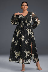 Curveins Plus Size V-Neck Long Sleeve Floral Slit Hem Maxi Dress
