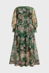 Curveins Plus Size V Neck Long Sleeve Floral Waist Maxi Dress