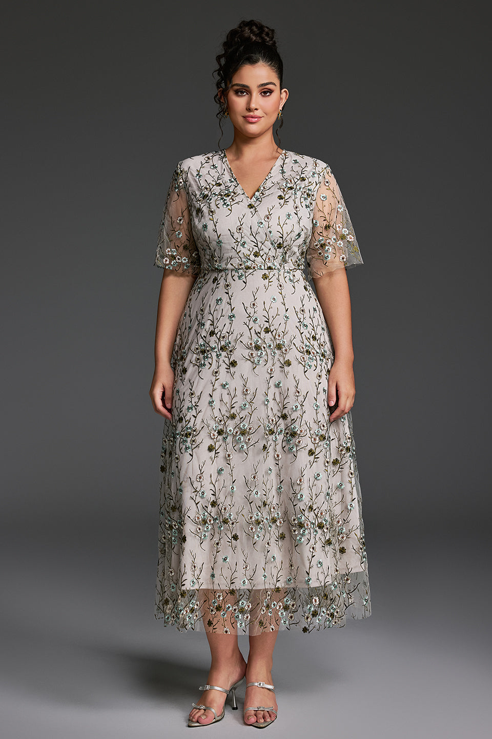 Curveins Plus Size V-Neck Ruffle Sleeve Embroidered Maxi Dress