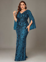 Curveins Plus Size V-Neck Long Sleeves Sequin Floral Bodycon Maxi Dress