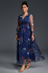 Curveins Plus Size V-Neck Floral Mesh Maxi Dress