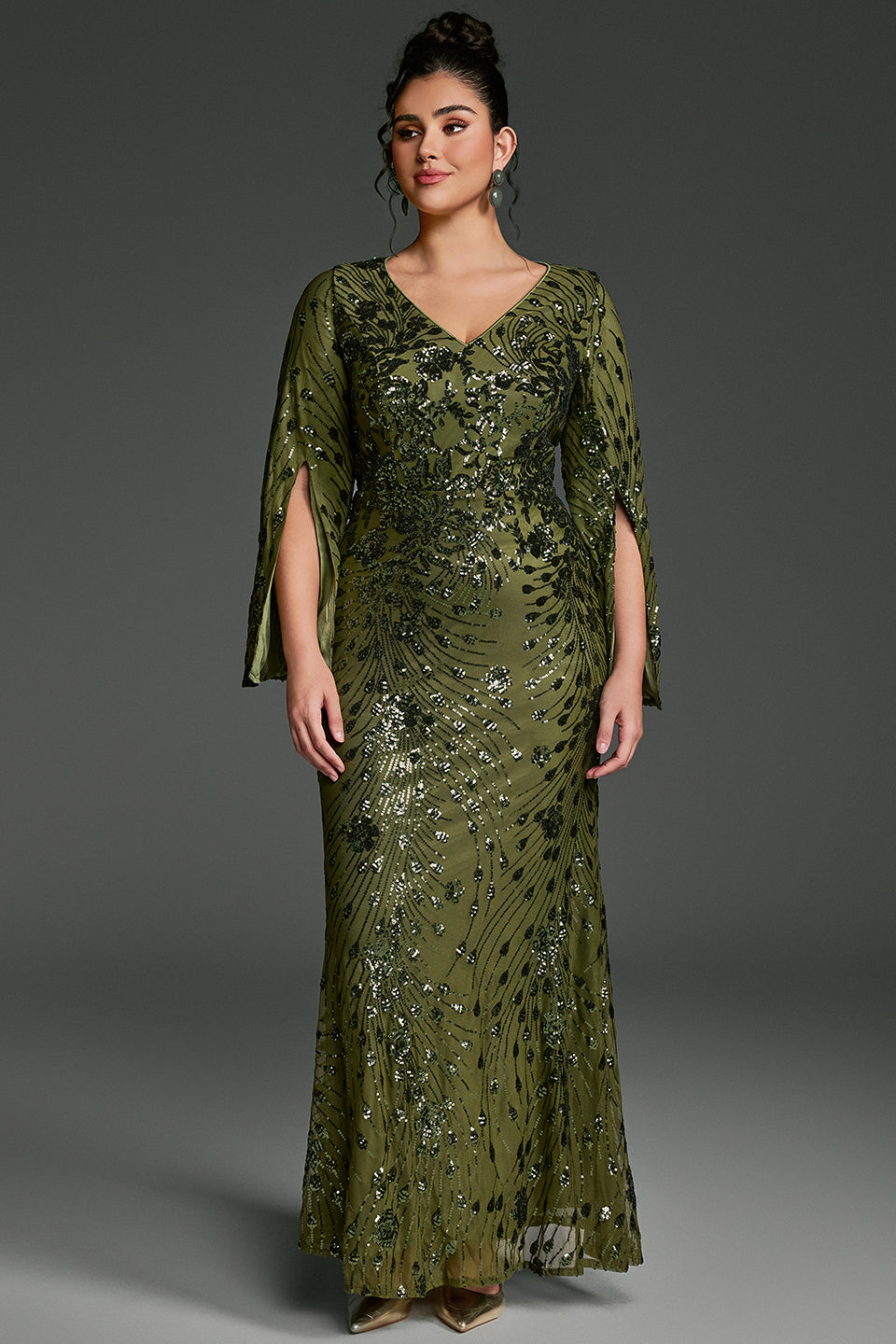 Curveins Plus Size V-Neck Long Sleeves Sequin Floral Bodycon Maxi Dress