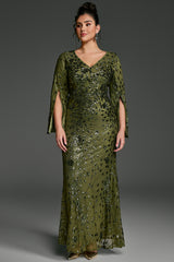 Curveins Plus Size V-Neck Long Sleeves Sequin Floral Bodycon Maxi Dress