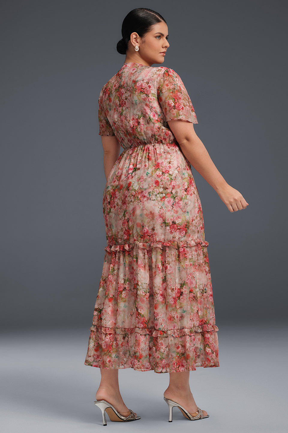 Curveins Plus Size V-Neck Floral Ruffle Sleeve Maxi Dress