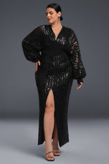 Curveins Plus Size V Neck Sequins Lantern Sleeve Slit Mesh Dress