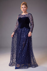 Curveins Plus Size Crew Neck Long Sleeve Leaf Sequin High Slit Velvet Maxi Dress