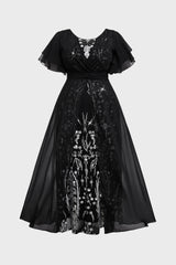 Curveins Plus Size Round Neck Ruffle Floral Sleeve Sequin Maxi Dress