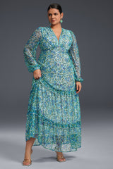 Curveins Plus Size Floral Print Lantern Sleeve Tiered Maxi Dress