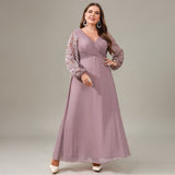 Curveins Plus Size V Neck Lantern Sleeve Sequin Evening Maxi Dress