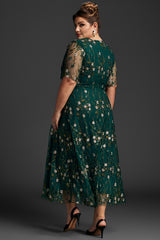 Curveins Plus Size V-Neck Ruffle Sleeve Embroidered Maxi Dress
