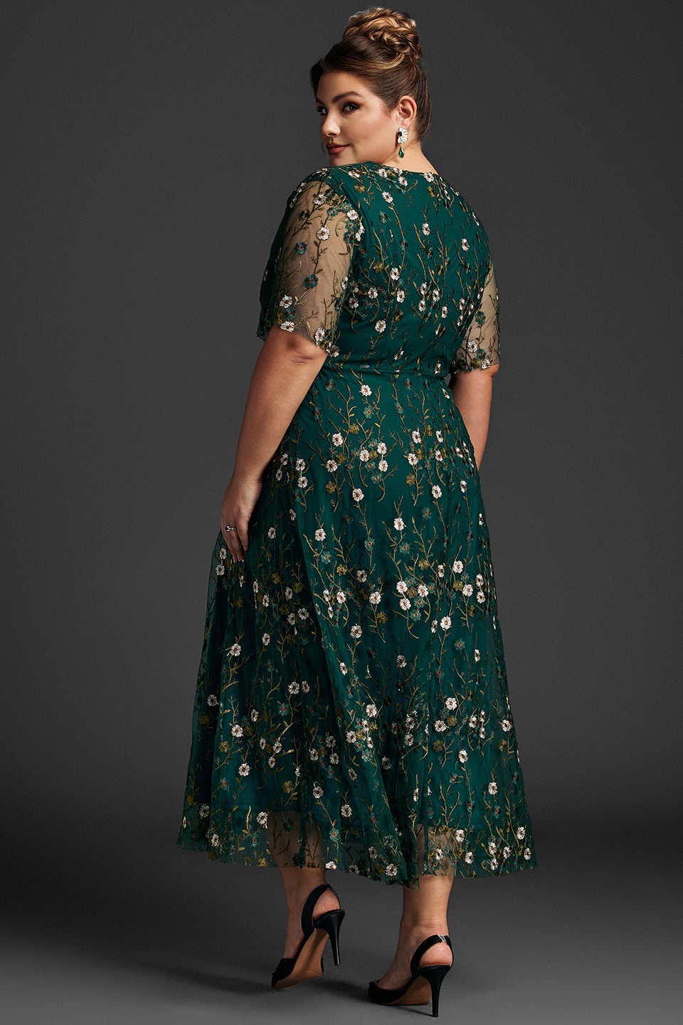 Curveins Plus Size V-Neck Ruffle Sleeve Embroidered Maxi Dress