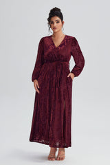 Curveins Plus Size Burgundy Velvet Wrap Maxi Dress