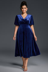 Curveins Plus Size Velvet V-Neck Ruched Hem Maxi Dress