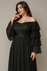 Curveins Plus Size Off Shoulder V Neck Long Sleeve Sequin Patchwork Maxi Dress