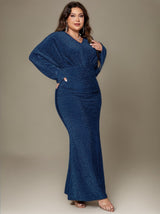Curveins Plus Size V-Neck Long Sleeve Mermaid Hem Fishtail Maxi Dress