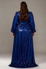Curveins Plus Size V-Neck Long Lantern Sleeves Classic Evening Maxi Dress