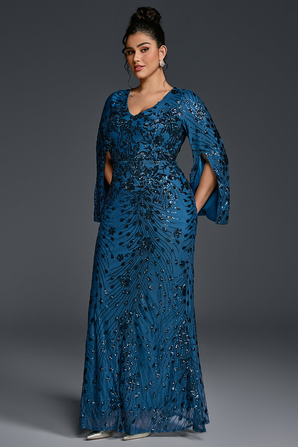 Curveins Plus Size V-Neck Long Sleeves Sequin Floral Bodycon Maxi Dress