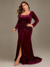 Curveins Plus Size Square Neck Long Sleeves Ruched Bodycon Maxi Dress