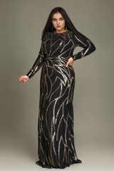 Curveins Plus Size Round Neck Long Sleeve Sexy Sequin Maxi Party Dress