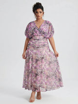 Curveins Plus Size V Neck Puff Sleeve Waist Defining Floral Print Elegant Maxi Dress