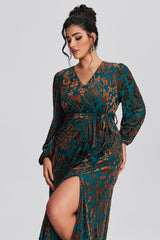 Curveins Plus Size Green Floral Velvet Wrap Maxi Dress