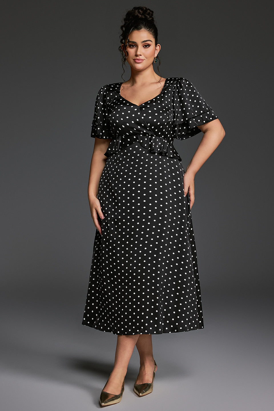 Curveins Plus Size V-Neck Double-Layered Ruffle Sleeve Maxi Dress
