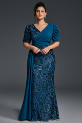 Curveins Plus Size V-Neck Sequin Patchwork Pattern Maxi Dress