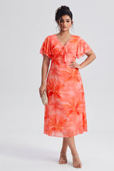 Curveins Plus Size V Neck Batwing Sleeve Flowy Elegant Midi Dress