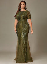 Curveins Plus Size Round Neck Floral Sequins Mermaid Maxi Dress