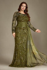 Curveins Plus Size Round Neck Embroidered Tie-Sash Bodycon Maxi Dress