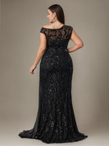 Curveins Plus Size One Shoulder Sleeveless Embroidered Sequin Patchwork Bodycon Maxi Dress