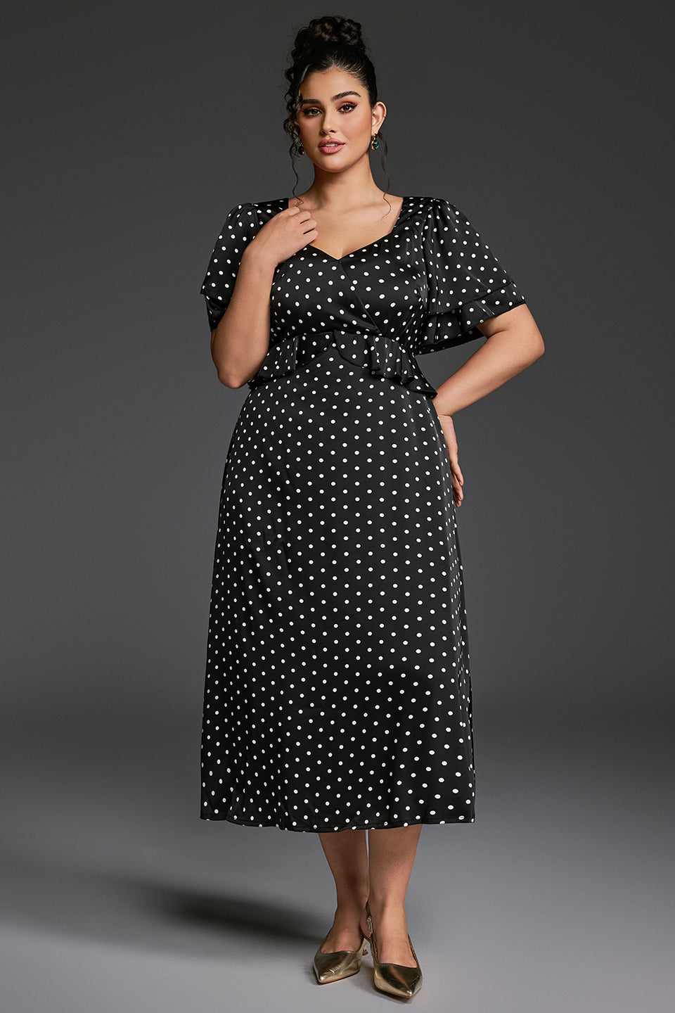 Curveins Plus Size V-Neck Double-Layered Ruffle Sleeve Maxi Dress