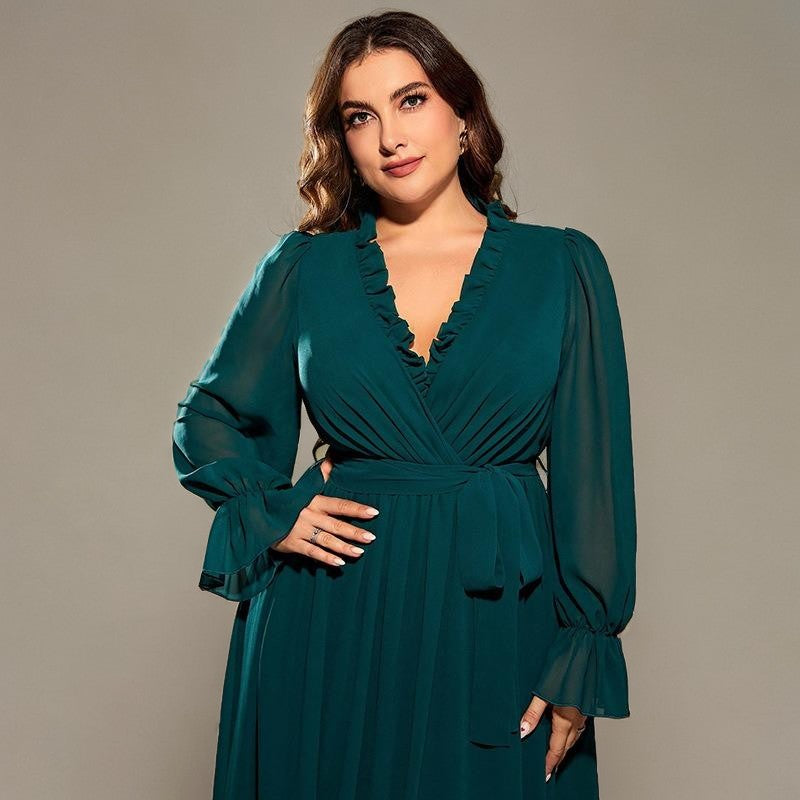 Curveins Plus Size V-Neck Long Sleeve Belted Waist Maxi Dress