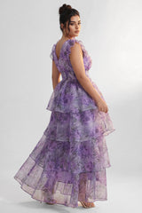 Curveins Plus Size V-Neck Sleeveless Floral Tiered Maxi Dress with Decorative Shoulder Detail