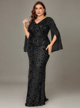 Curveins Plus Size V-Neck Long Sleeves Sequin Floral Bodycon Maxi Dress