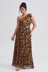 Curveins Plus Size One Shoulder Striped Cinched Waist Flowy Maxi Dress