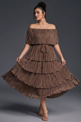 Curveins Plus Size Off-Shoulder Pleated Tiered Maxi Dress