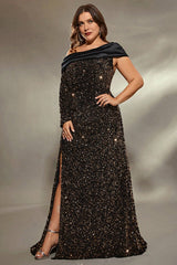 Curveins Plus Size Asymmetric Sleeve Sequin Evening Dress with High Side Slit