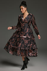 Curveins Plus Size Velvet V-Neck Lantern Sleeve Tiered Midi Dress