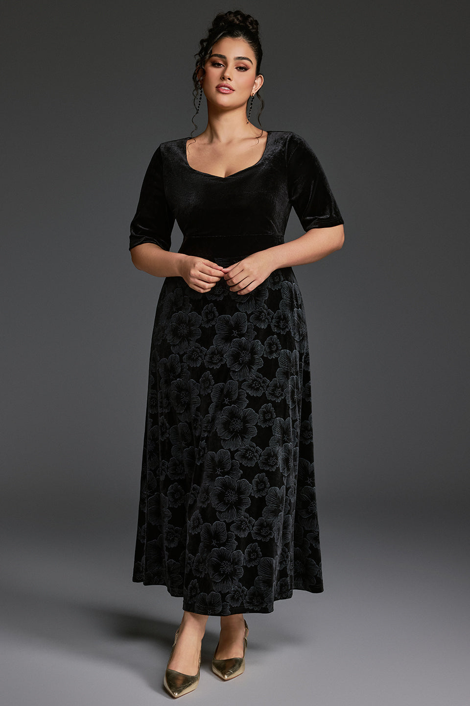 Curveins Plus Size V-Neck Long Sleeves Fitted Waist Floral Patchwork Maxi Dress