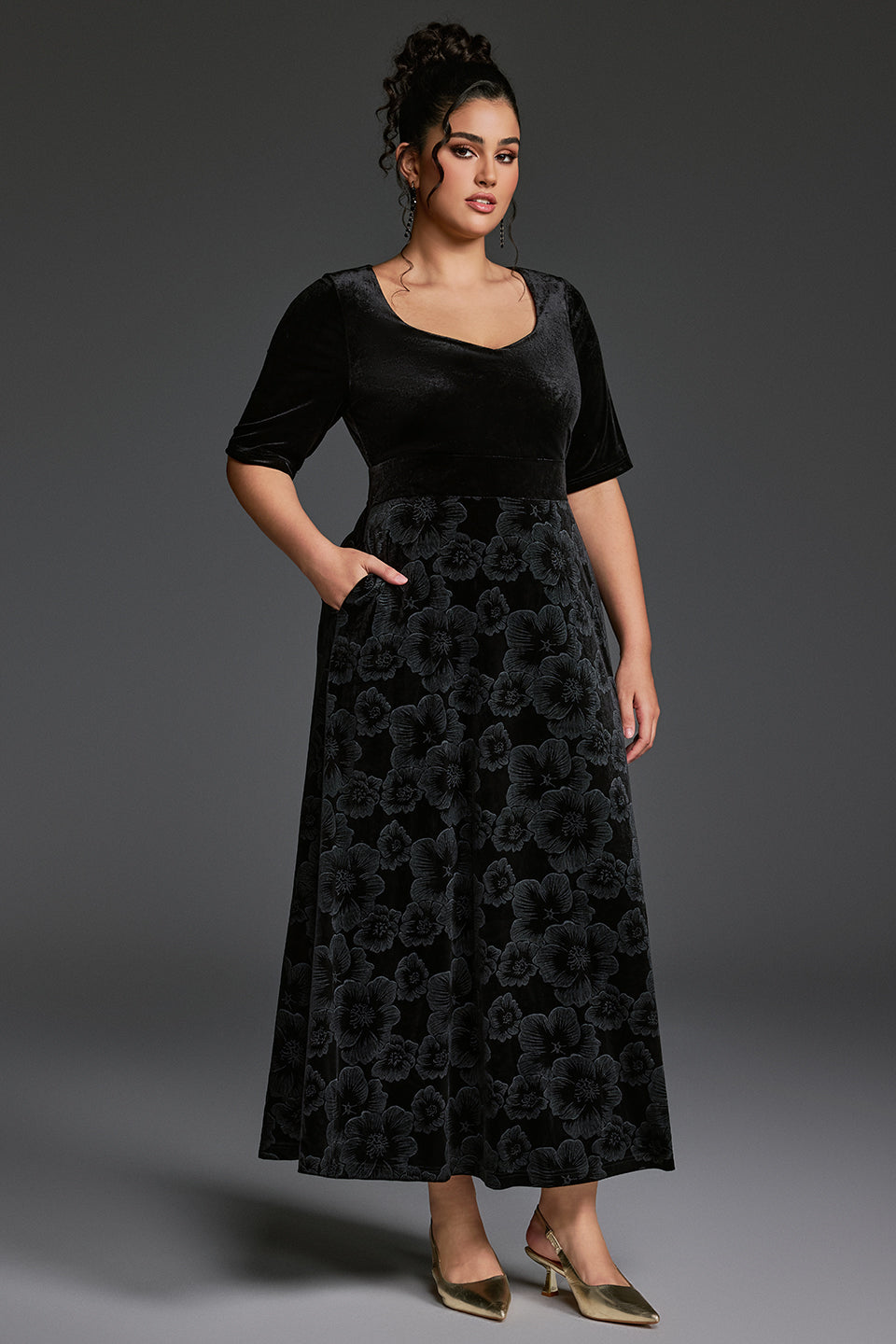 Curveins Plus Size V-Neck Long Sleeves Fitted Waist Floral Patchwork Maxi Dress